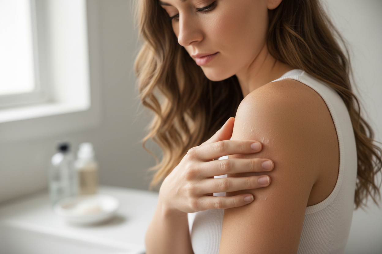 dry skin issue, woman rubbing shoudler or arm 