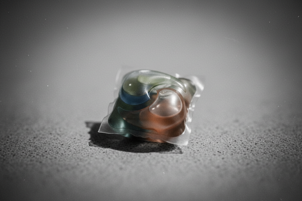 no, just a picture of the detergent pod, but apply a washed out/crime scene documentray fitler to the image 